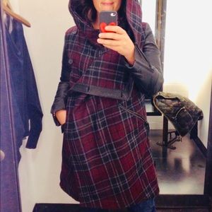 All Saints Lambskin Leather + Wool plaid coat.